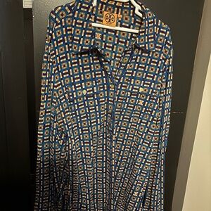 Tory Burch Blue and Brown Blouse with Geometric Pattern